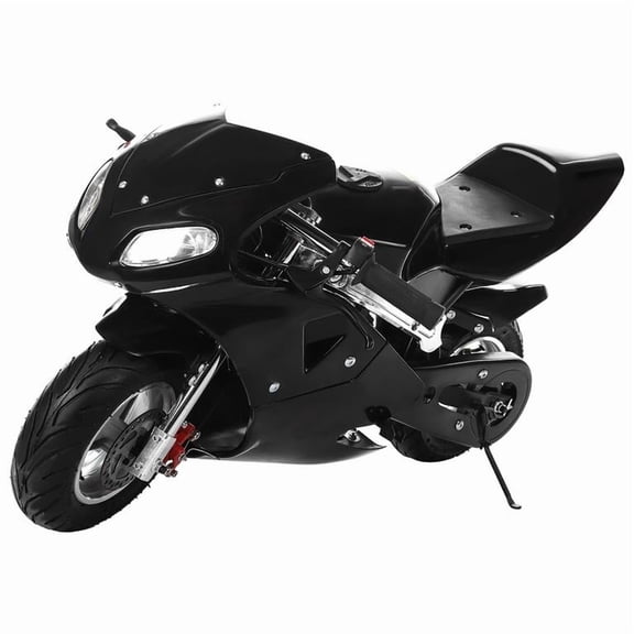 Korogimeeet Gas Powered Black Mini Motorcycle 49cc 2-Stroke, Centrifugal Chain Drive, Dual Headlights with Disc Brakes, 1.25L Fuel Tank, 20 Mile Range, 170 lbs Max, 18.5in Seat, 40 x 21 x 23 Inch