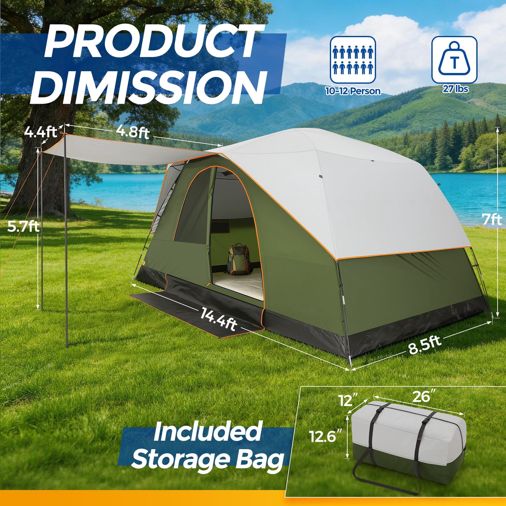 COBIZI 6-8-10 Person Camping Tent,Large Family Cabin Tent with Removable Rainfly,Mesh Roof for Stargazing,84" Tall Center,Waterproof Design,Carry Bag,Green