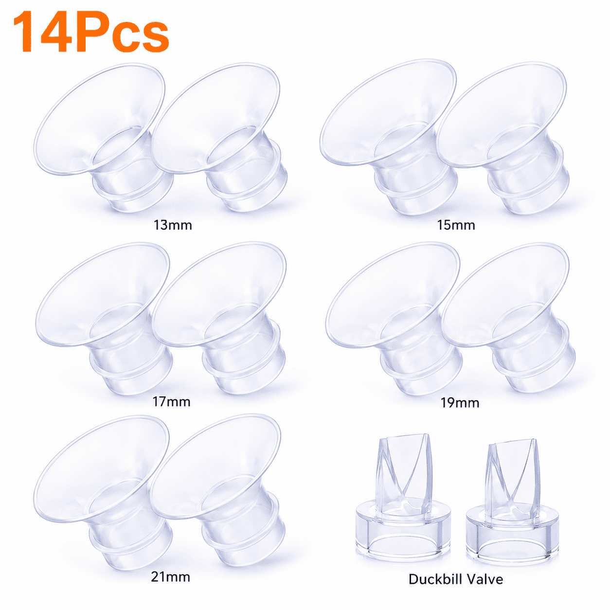 14Pcs Flange Inserts 13/15/17/19/21mm Compatible with Momcozy S12/S12pro/S9/S9 Pro,for TSRETE/Spectra/Medela 24mm Shield/Flange,Including Duckbill Valve & Silicone Diaphragm