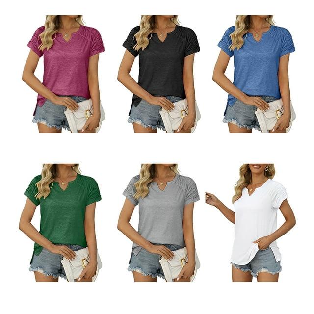 stanreset Pleated Short Sleeve V Neck T-Shirt Casual Basic Tops Female Elastic Flowy Shirts Tees for Work Outdoor Brick red L