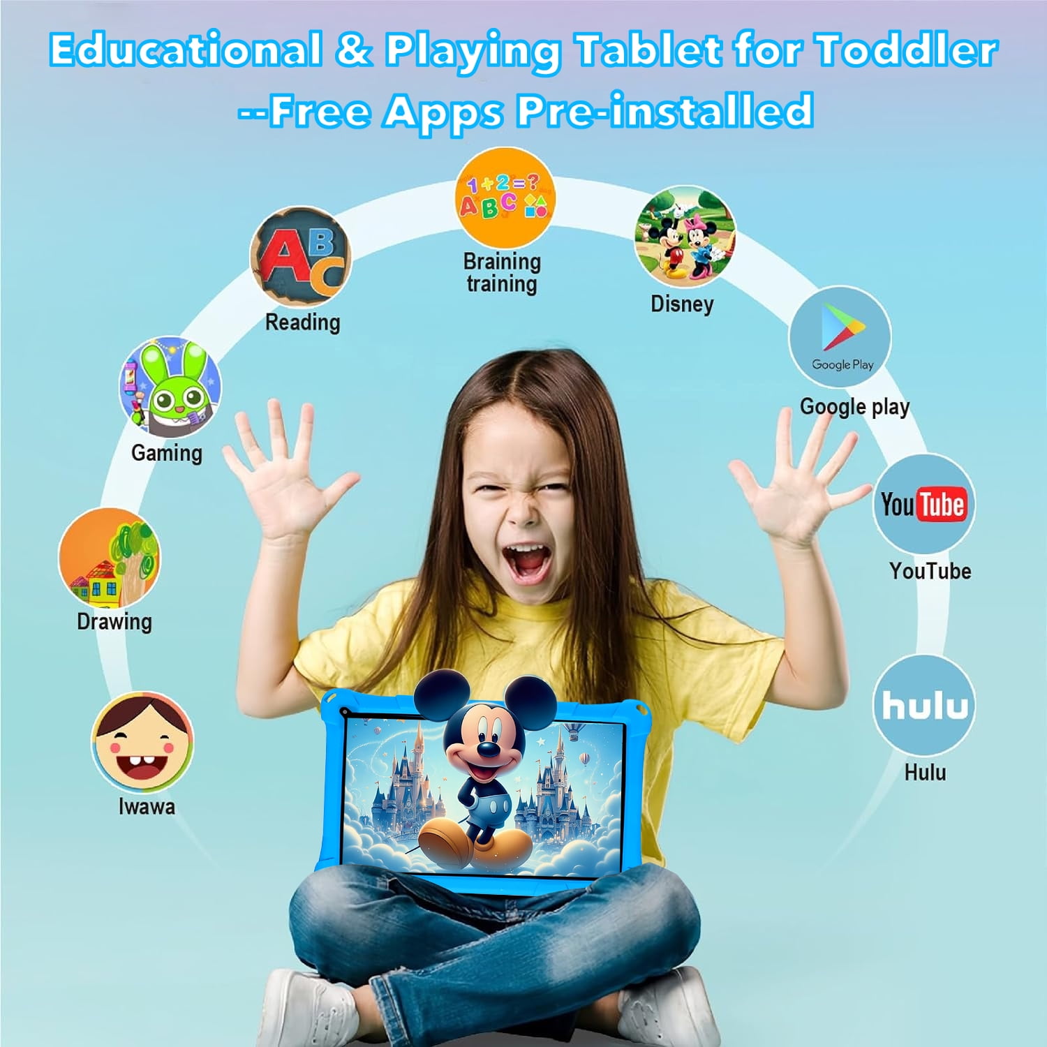 Thunrlge Kids Tablet, 7-Inch Kids Tablet, Android Tablet, 3+5 RAM 64GB ROM (TF CARD 256GB) Google Certified, Kids Software Pre-Installed, WiFi, Shockproof Case, Gift for kids, (Blue)