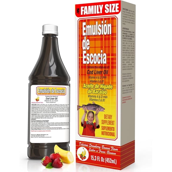 Emulsion de Escocia Cod Liver Oil Liquid, Omega-3, Vitamins A D E B1, Immune & Bone Support, Strawberry Banana Flavor, 1 Pack, 12.5 fl oz
