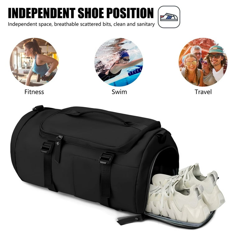 Gym Duffle Bag Weekender Carry on Overnight Bags with Shoe Compartment Dry  Wet Separated, Travel Bag for Women Men(Black)