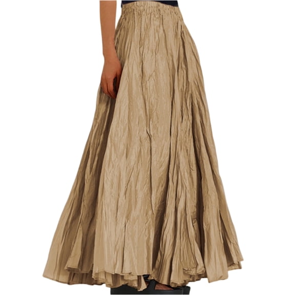 Yucgh Women's Pleated Solid Color Maxi Skirt with Large Swing, A-line Floor Length Skirt, Casual Flowy Skirt with Elastic Waist,Khaki,XL