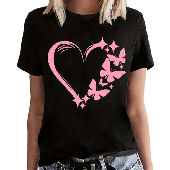 Fshinging Women Heart Butterfly Print Short Sleeve Tops Summer Fashion Casual T-Shirts Black L