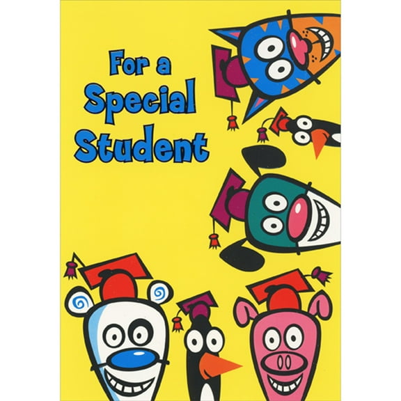 Designer Greetings Cartoon Animal Faces Around Border on Yellow: Moving Onto the Next Grade Juvenile Graduation Congratulations Card