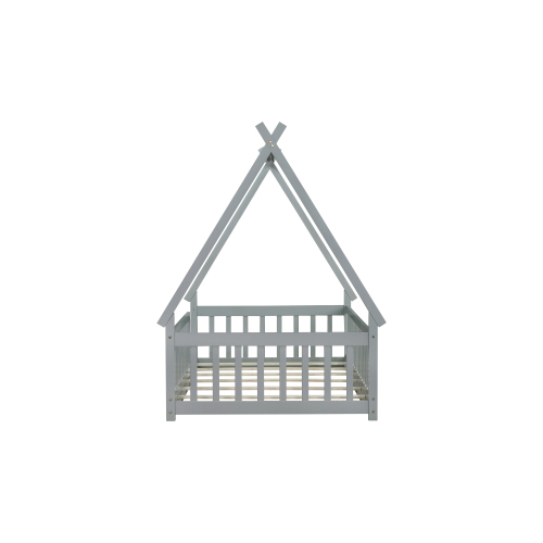 Bellemave Twin Size Floor Bed, Teepee Tent Bed Beds, Twin Montessori Floor Bed with Guardrails, Wood House Bed with Slats, Grey