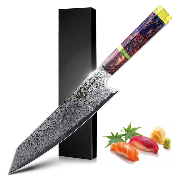 8-Inch Damascus Japanese Professional Chef Knife Sharp Kiritsuke Kitchen Knife VG-10 Steel for Meat Cutting Carving,with Octagonal Wood Handle and Giftcase