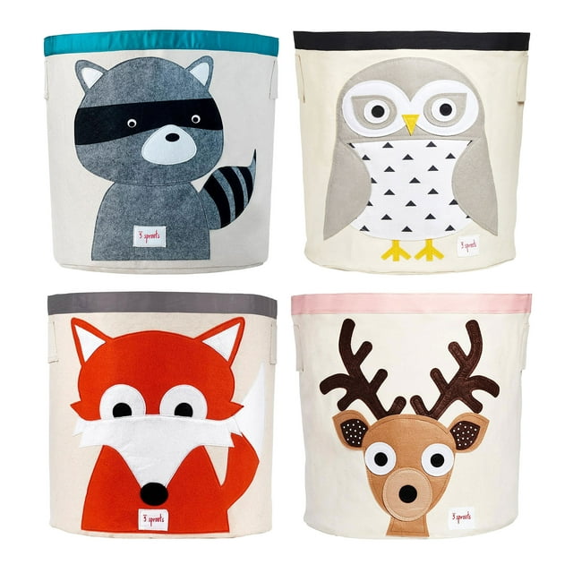 3 Sprouts Bac de Rangement en Toile Paniers à Jouets, Raton Laveur, Hibou, Renard et Cerf