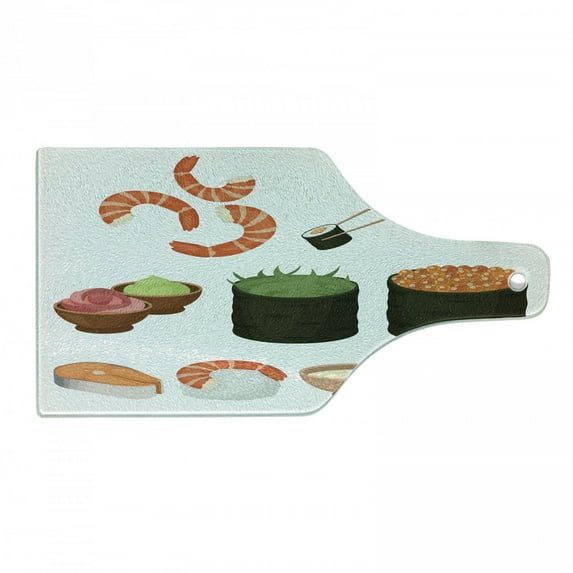 Wasabi Cutting Board, Cartoon Graphic with Folkloric Food Sauce and Drink Items Illustration, Decorative Tempered Glass Cutting and Serving Board, in 3 Sizes, by Ambesonne