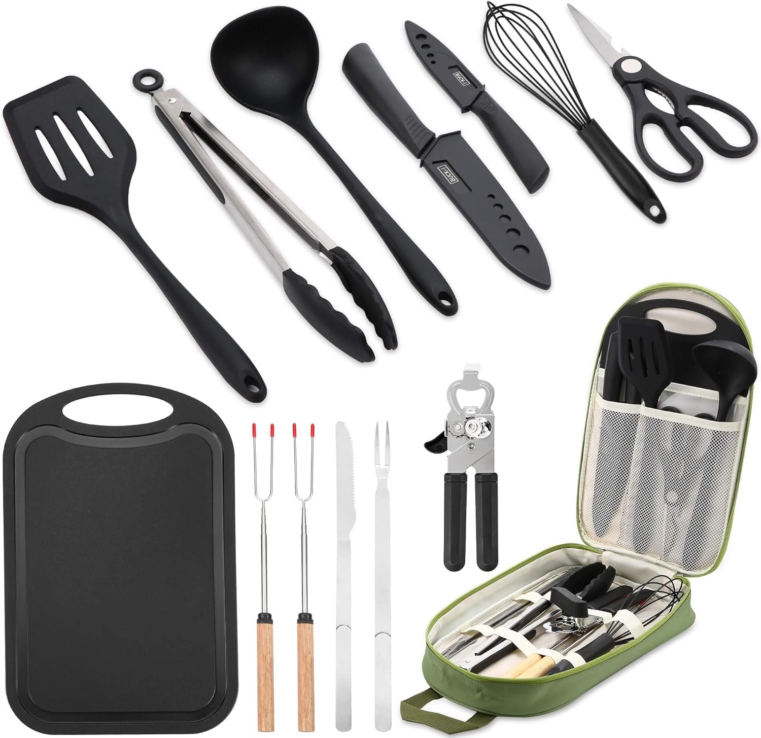 Camping Essentials Cookware Cooking Utensils Set - Portable Camp Kitchen Mess Kit Outdoor Accessories, Stainless Steel & Silicone, Camping Gear Equipment for RV Picnic Grill, 14PCS Green