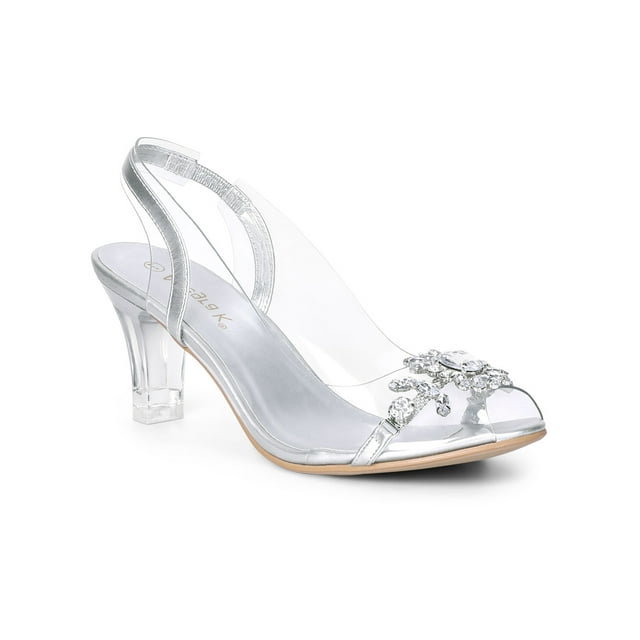 BLISSFUL STEP Women's Flower Rhinestone Slingback Clear Mid Heel Slip On Sandals Silver 8