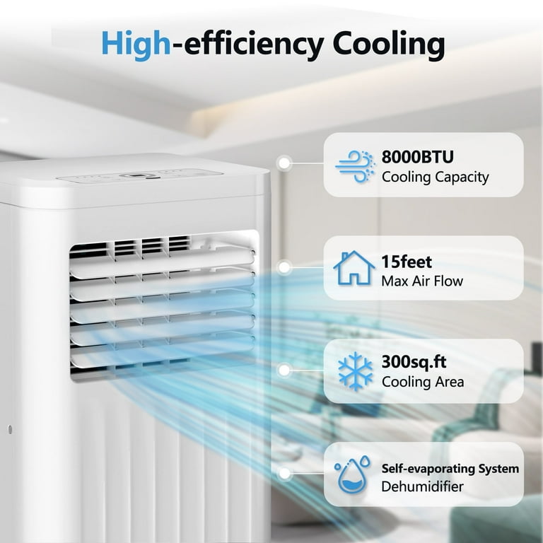 Auseo 8000BTU Portable Air Conditioner, Cooling 250 Square Feet, Dehumidifier/Fan/Cooler, White