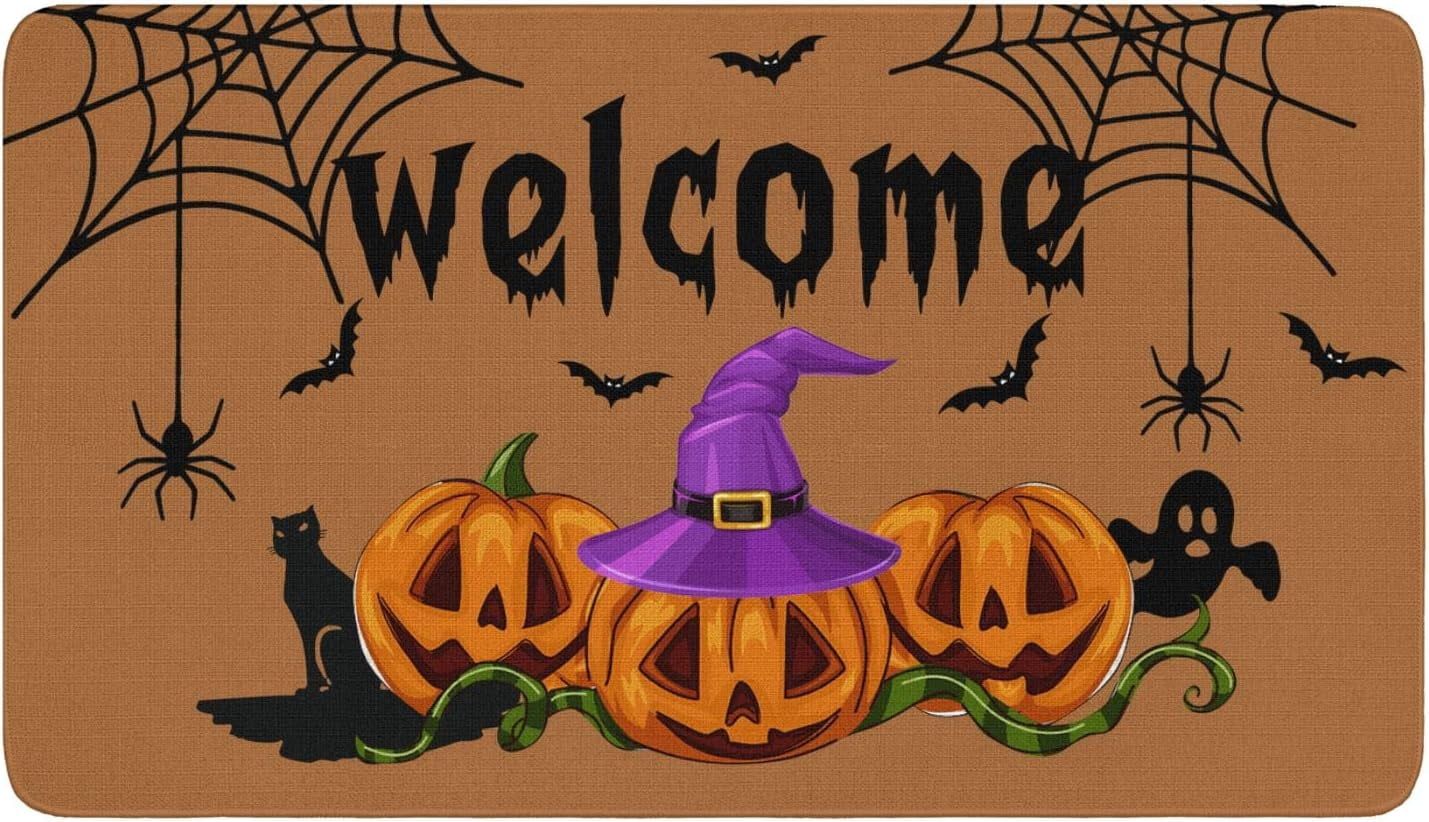 Linen Door Mat Pumpkin Dirt Resist Rug Halloween Welcome Indoor and Outdoor Front Entrance Doormat Home Decor Heavy Rubber Backing for Non Slip, 30" X 17"