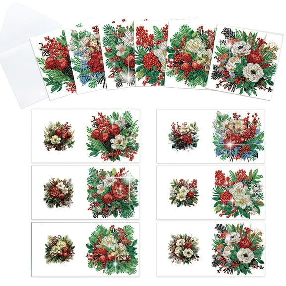 6pcs Diamond Painting Kit Greeting Card, Flower 5D DIY Diamond Handmade Holiday Greeting Card with Envelope, Christmas Gift Congratulation