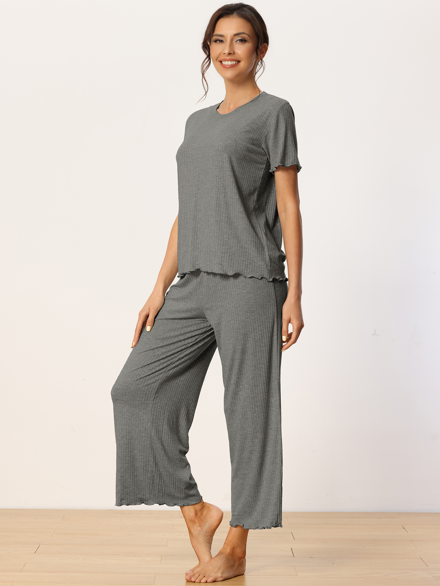 DARING DIVA Women's Ribbed Knit Round Neck Short Sleeve Pajamas Set S Dark Grey