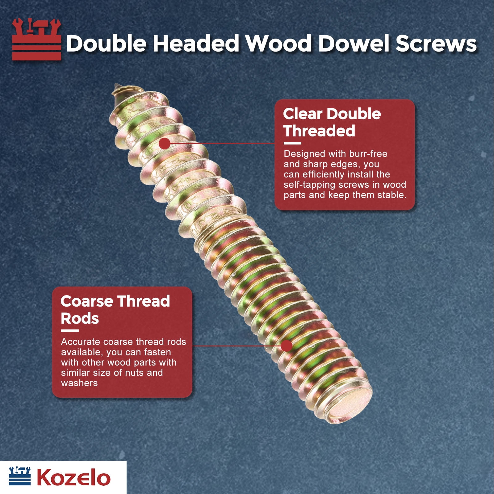 Uxcell 20pcs Hanger Bolts with Driver - [5/16"-18x2"] Double Headed Wood Dowel Self Tapping Screw Set for Furniture Repair, Dual Ended Thread Rod Joint Blot, Colored Zinc Coating