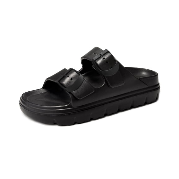 Womens Platform EVA Sandals With Arch Support, Summer Beach Slides With Adjustable Buckle, Comfort Lightweight Chunky Cushion Slip On Black Sandal