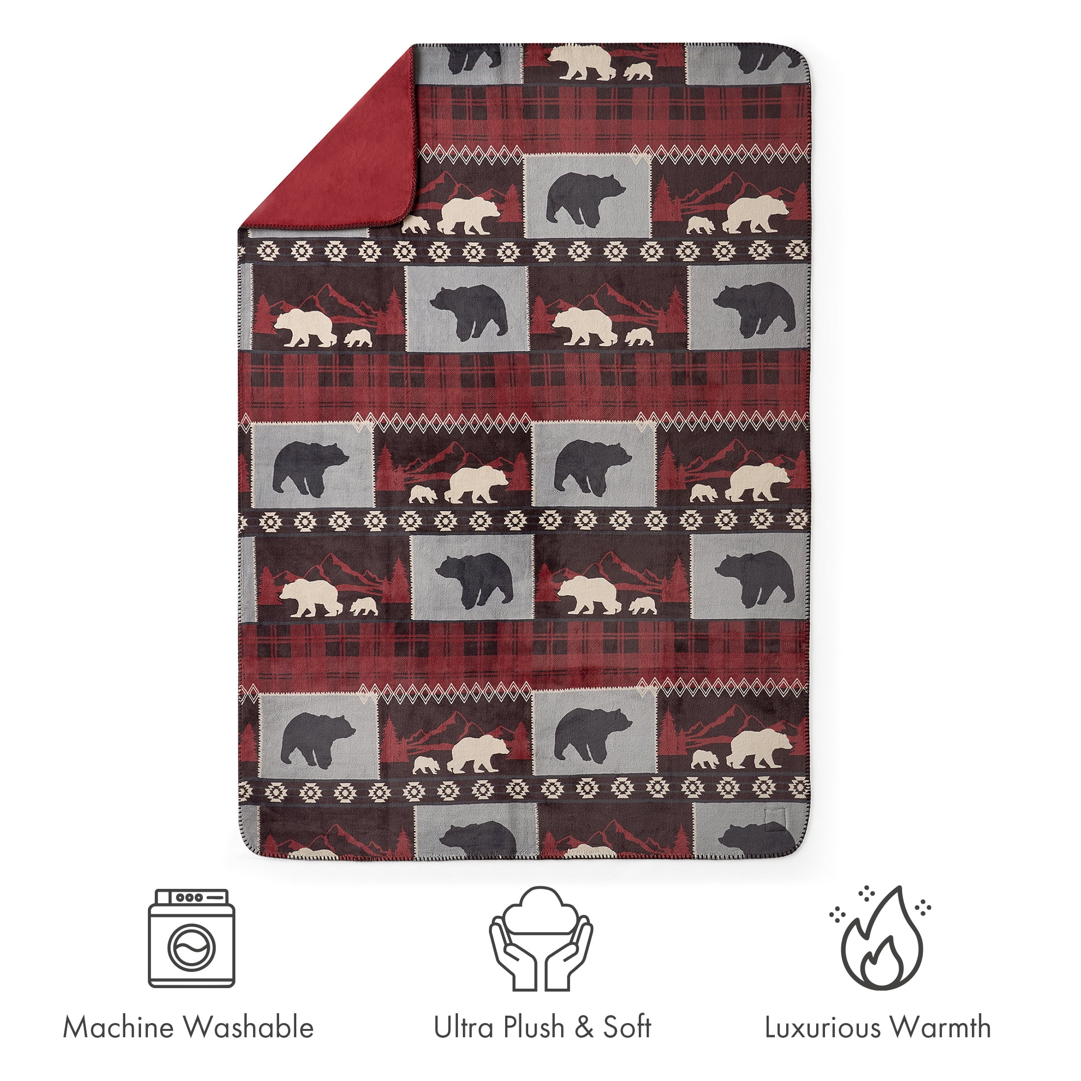 Pawz Plush Oversized Throw Blanket for Couch or Bed, Soft Flannel Fleece, Red Bears, 50"x72"