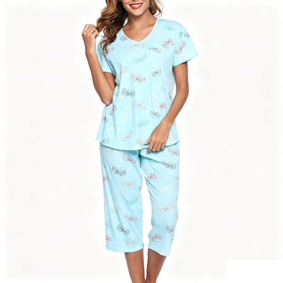 Women's Plus Size Pajama Set, Short Sleeve V-Neck Top & Capri Pants, Soft Knit Loungewear Sleepwear Set