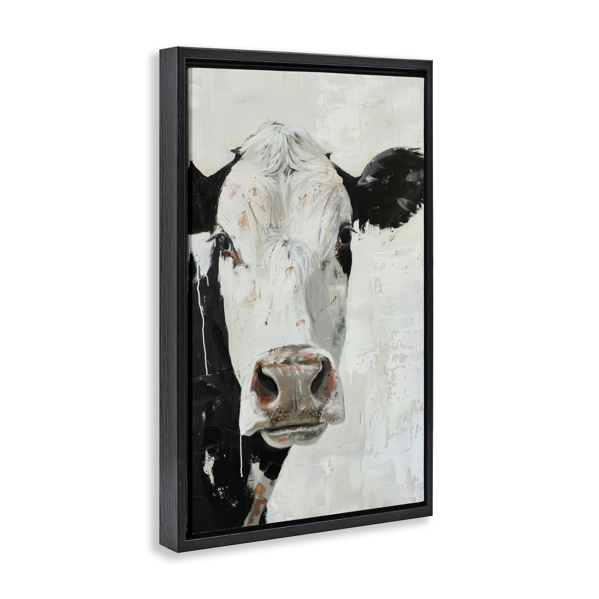 Stupell Industries Up Close Cow Animals & Insects Painting Black Floater Framed Canvas Art Print Wall Art, 21 x 31