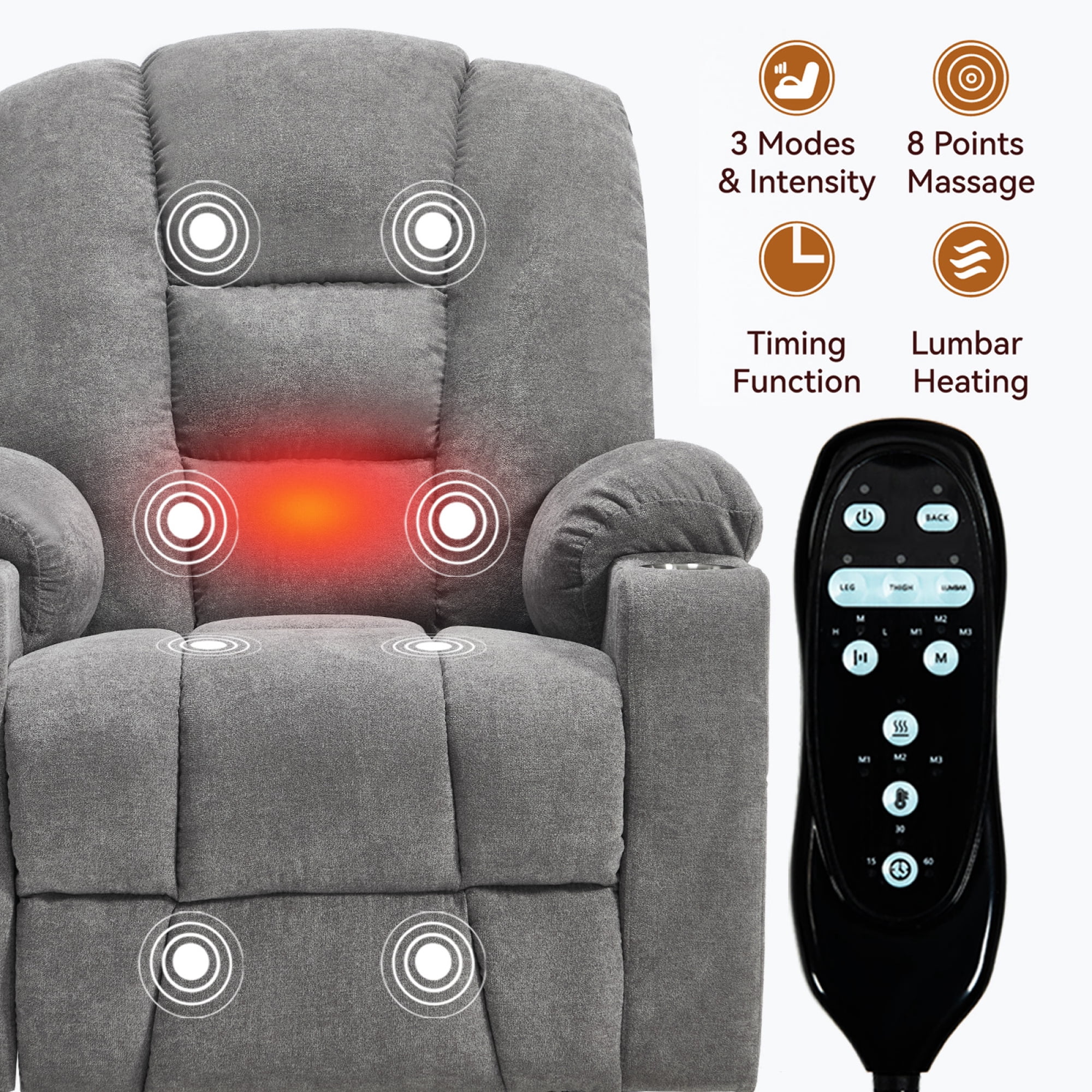 Leumius Large Power Lift Recliner Chair for Elderly,Heavy Duty Recliners with Vibration Massage and Lumbar Heating,Single Sofa with USB and Type C Ports, 2 Steel Cup Holders,Light Gray