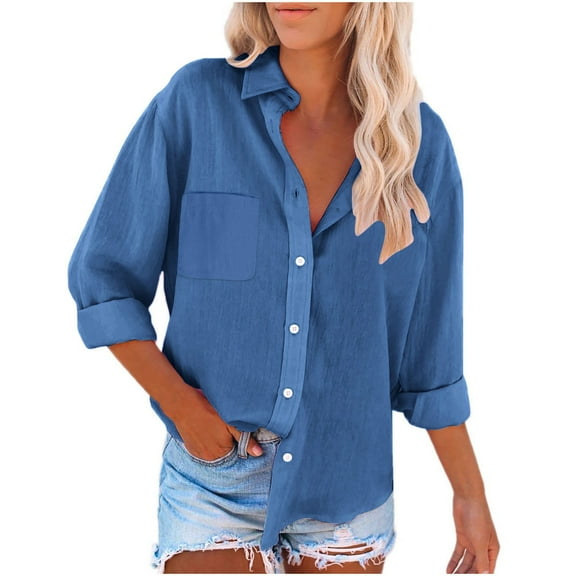 Nfurl Cotton Linen Button Down Shirts for Women Dressy Casual Long Sleeve Tops Loose Fit Solid Color Lapel Collared Shirt for Work Business Blue XXL