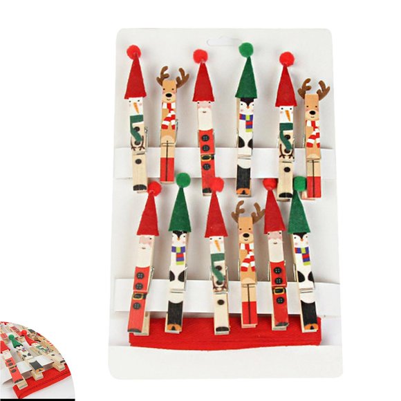 Christmas Decoration Wooden Clip Lovely Cartoon Printed Christmas Clip Portable Christmas Wooden Clip with Rope Cartoon Printing for Festival