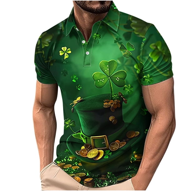 Día de San Patricio de los Hombres Impreso Solapa de Manga Corta, Camisa de Tela de Malla Casual para el Aire Libre Y el Ocio