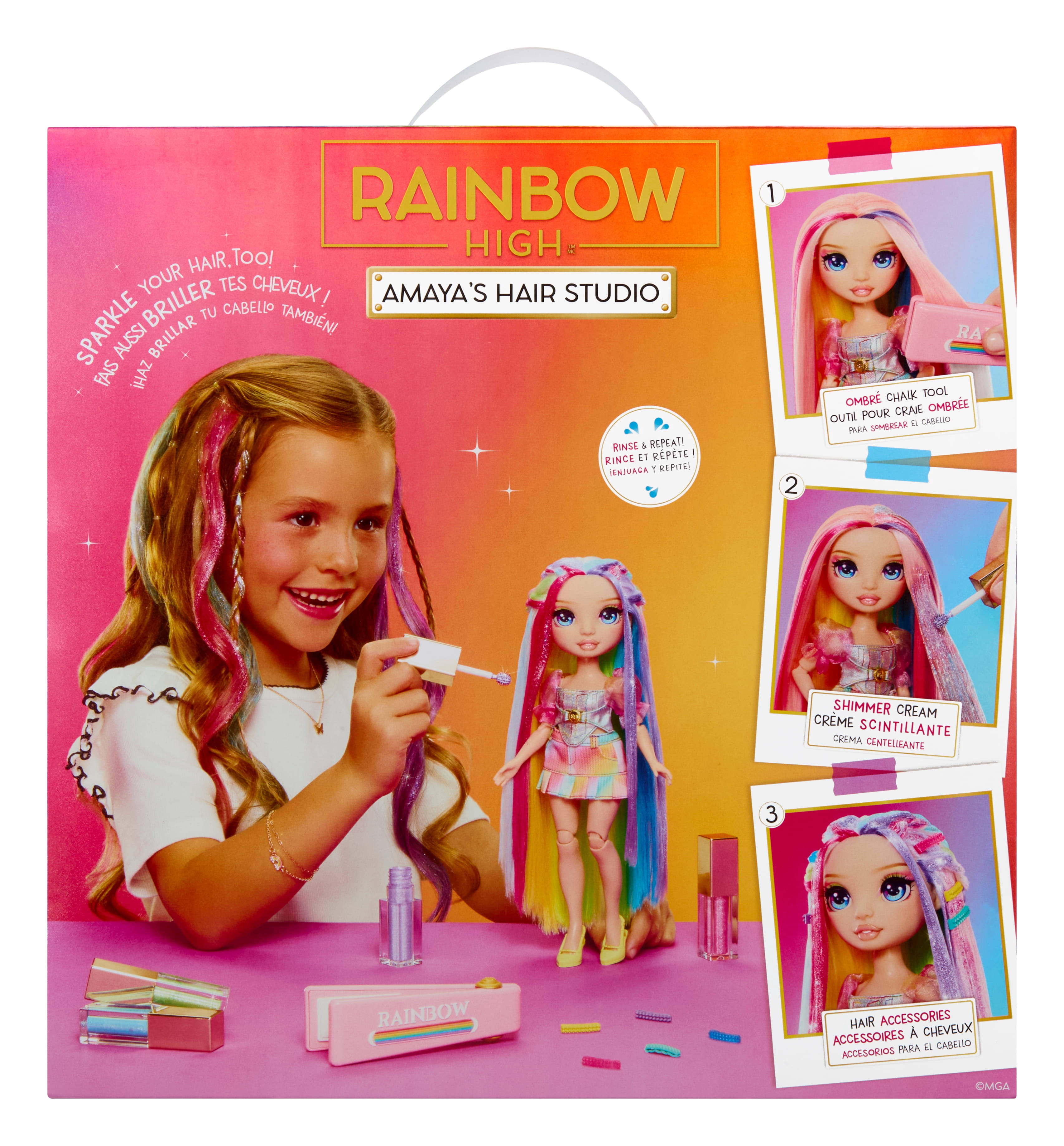 Rainbow High Amaya's Hair Studio - Create Sparkle Shimmer Hair with Exclusive Doll, Extra Long Washable Hair Color & Doll Clothes and Accessories- Fun Playset for Kids Ages 4+