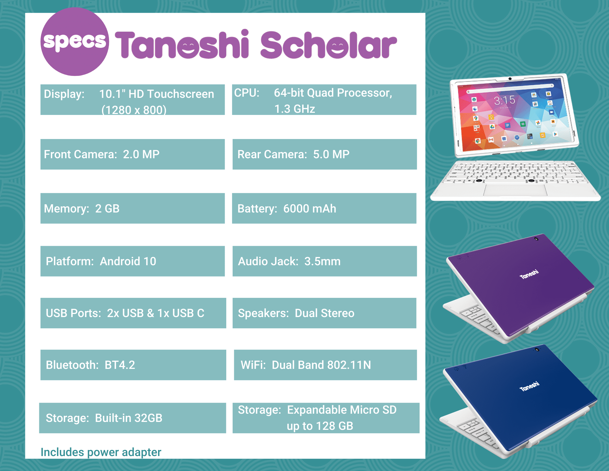Tanoshi Scholar Kids Computer: a 2-in-1 Kids Android Laptop for Ages 6-12, 10.1" HD Touchscreen Display (Blue)
