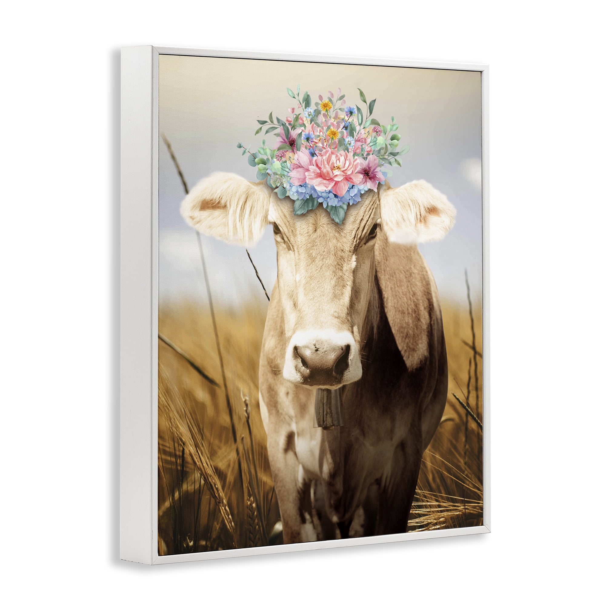 Stupell Industries Chatty Belle Cow with Florals White Framed Giclee Art, design by Marcus Prime