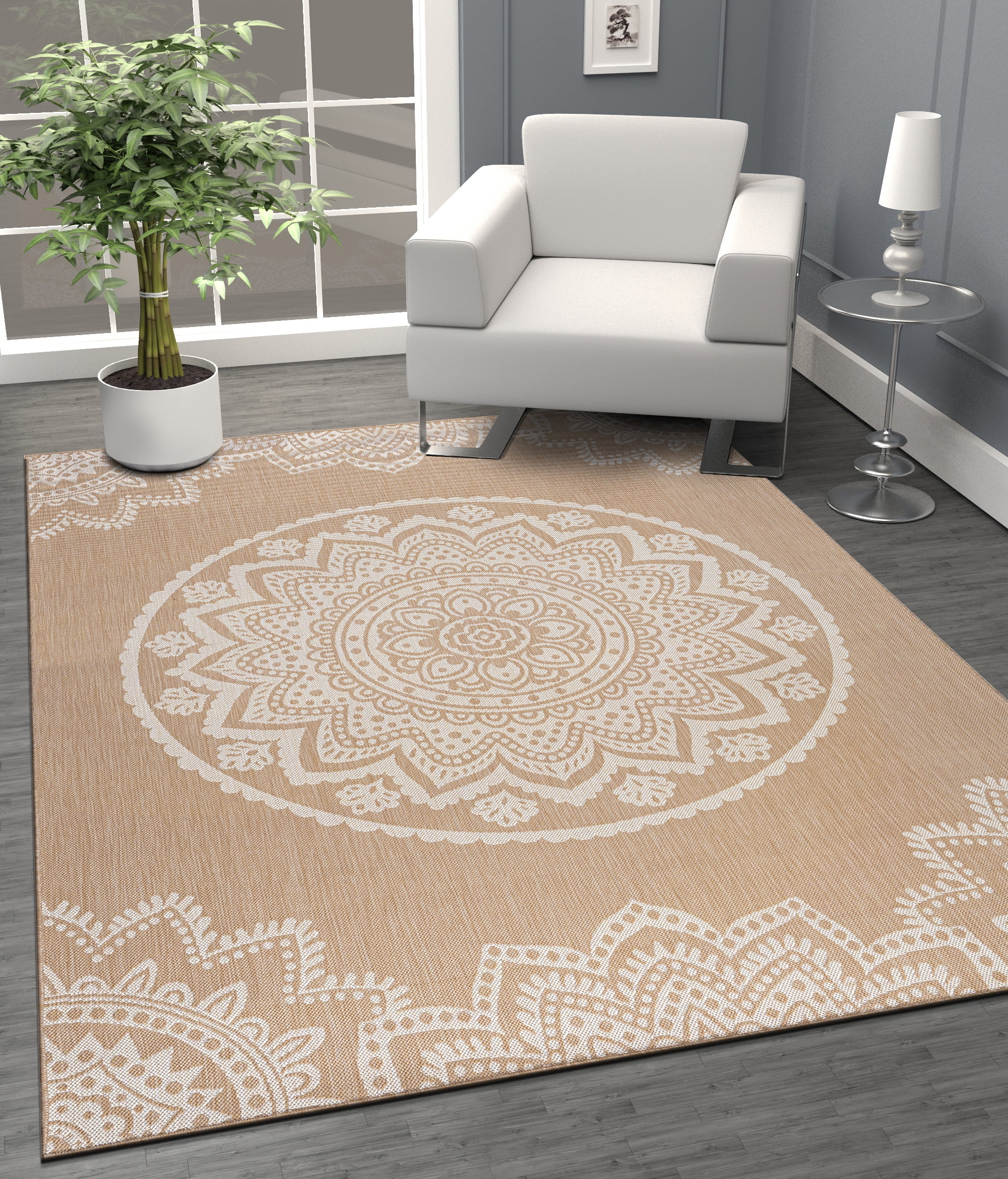 CAMILSON Indoor Outdoor Rug, 5' x 7' Beige Medallion Area Rugs