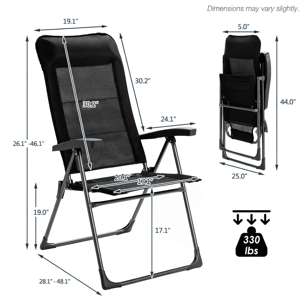Hommoo 2-Pack Foldable Outdoor Dining Chairs with Adjustable Headrest & Reinforced Iron Frame, Portable Patio, Camping, Deck, and Poolside Seating, Black