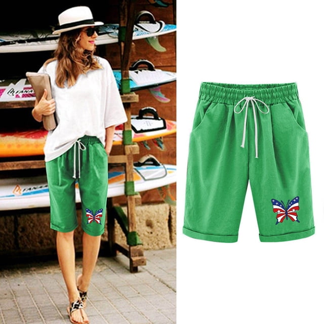 Puntoco Pantalones Cortos De Verano Mujer Moda 2024 Pantalones Cortos De Mujer Algodón Y Lino Estampado De Moda Cintura Elástica Pantalones De 5 Pulgadas Cordón Pantalones Cortos De 5 Pulgadas