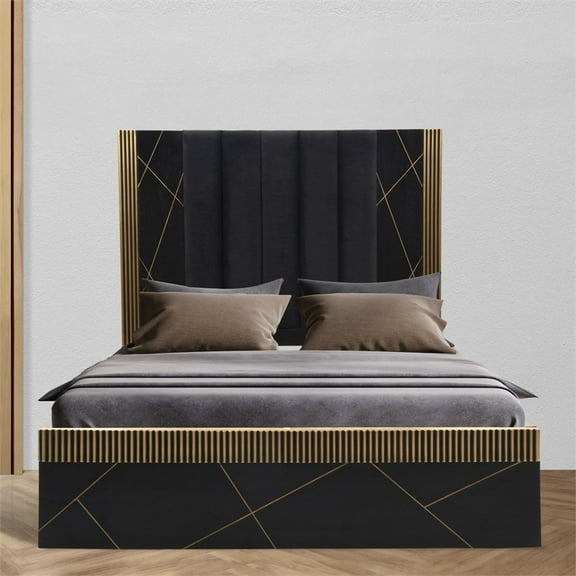 Allure Modern Style Queen Bed Made with Wood in Black/Gold