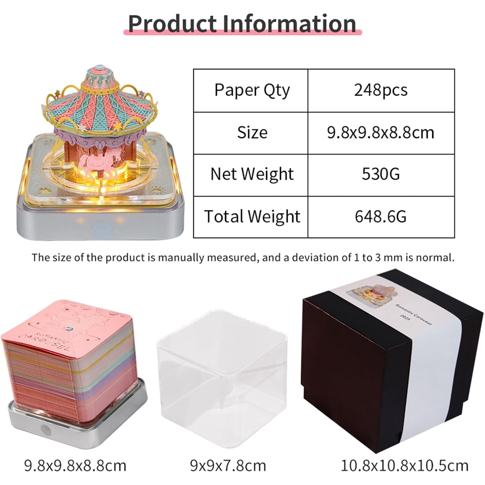 SQDWYGG 3D Memo Pads Paper, Creative Time Piece 2025 Notepad Artopad Carving Gift Desktop Decoration, Artist DIY Notes With LED Lights Craft,Merry-Go-Round,3.85" x 3.85"x 3.34"