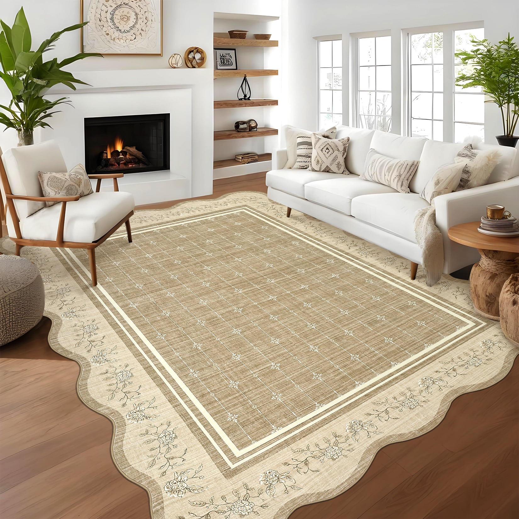 Garvee 5'x7' Scalloped Area Rug Modern Floral Bordered Carpet, Machine Washable Rug with Non Slip Backing Soft Foldable Mat for Living Room Bedroom Dining Room, Brown