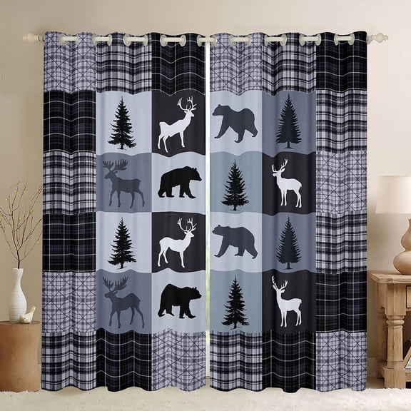Feelyou Rustic Farmhouse Bear Black Out Curtains, Reindeer Moose Wildlife Curtains Pack of 2 (42x63 Each), Grey Blue Square Plaid Bedroom Curtains, Blackout Curtains Bedroom Decor