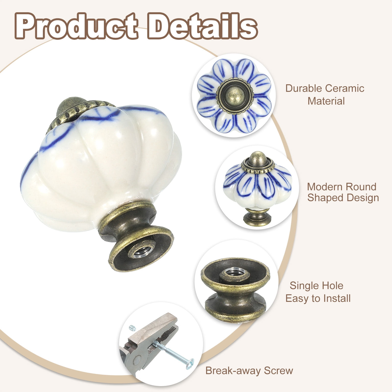 Uxcell 6 Pack Ceramic Knobs, 35mm/1.38" Pumpkin Cabinet Knob Drawer Pull Handle Vintage Drawer Knobs with Screws for Vanity Bedroom Furniture Closet, Blue Petals