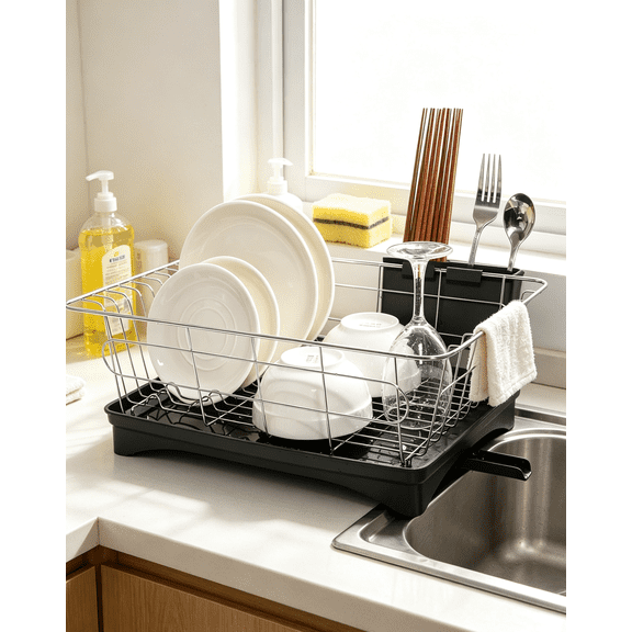 Puedo Dish Drying Rack, Stainless Steel Dish Rack for Kitchen Counter, Drainer with Drainboard & Utensil Holder