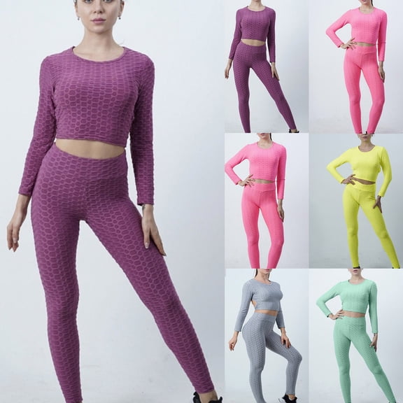 WWV Two Piece Yoga Set Womens Workout Set Crewneck Long Sleeved Shirts Sets Stretchy High Waist Leggings Suit Solid Stylish Slim Tracksuit Outdoor Athletic Sportswear Gray L