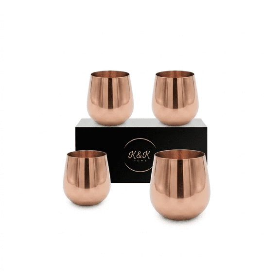 K&K Home Stainless Steel Unbreakable Stemless Wine Glasses - 15 oz - Set of 4 Colored, Stemless Metal Wine Glasses Perfect for Outdoors, Weddings, and Parties (Rose Gold)