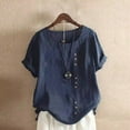 thumbnail image 2 of Scyoekwg Solid Color Cotton Linen Plus Size Tops for Women Summer Casual Buttons Round Neck Roll Up Short Sleeve T Shirts Loose Fit Blouse #A=Navy M, 2 of 5