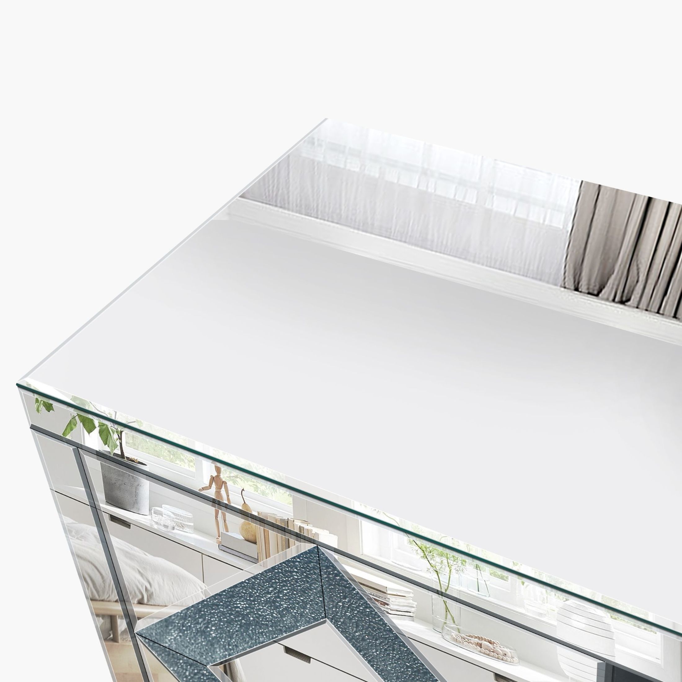 Noble House Mirrored TV Stand, 47" Diamond Glass Door Media Console with Dual Cabinets and Open Storage for 50" TV, Silver
