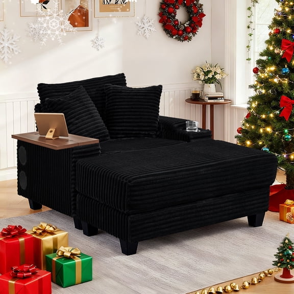 Muumblus Oversized Living Room Chair with Bluetooth Speaker, Ottoman, Rotating Table Board & USB, Cozy Indoor Lounge Reading Armchair, Black Corduroy