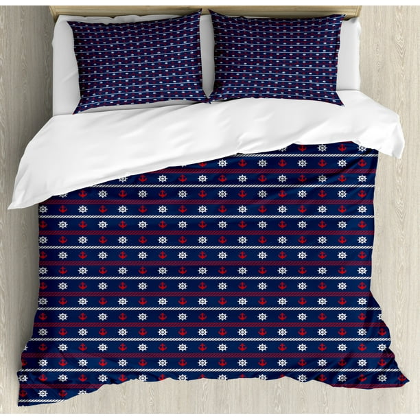 Navy Blue Duvet Cover Set Horizontal Borders With Nautical