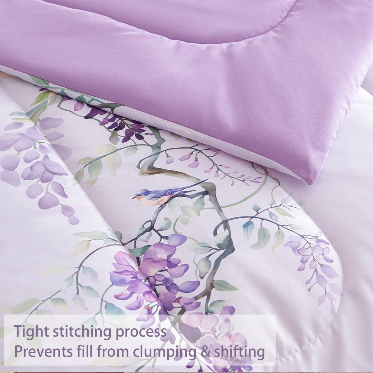 JOLUSERE Romantic Wisteria Comforter King Sets, 3 Pieces Chic Botanical Purple Floral Reversible Comforter for All Season