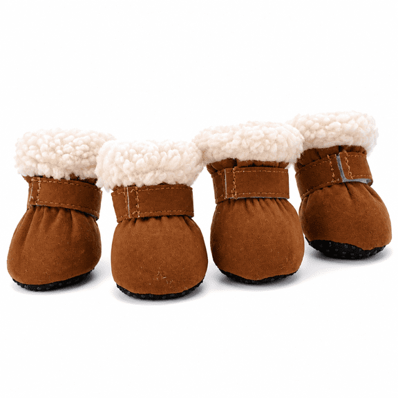 ELORIAH 4Pcs Dog Shoes Soft Suede Material Dog Booties Warm Fleece Lining Dog Boots & Paw Protectors Anti-Slip Sole Dog Rain Boots 4.5x4.0cm,Brown