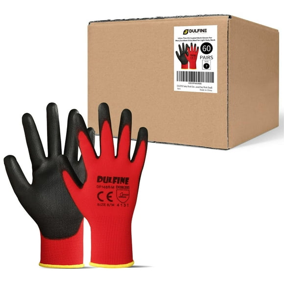 DULFINE Gants de Travail de Sécurité Enduits de PU - 60 Paires, Gants Tricotés Rouges Sans Coutures avec Revêtement en Polyuréthane, Prise Lisse sur la Paume et les Doigts, pour Hommes et Femmes, Idéal pour